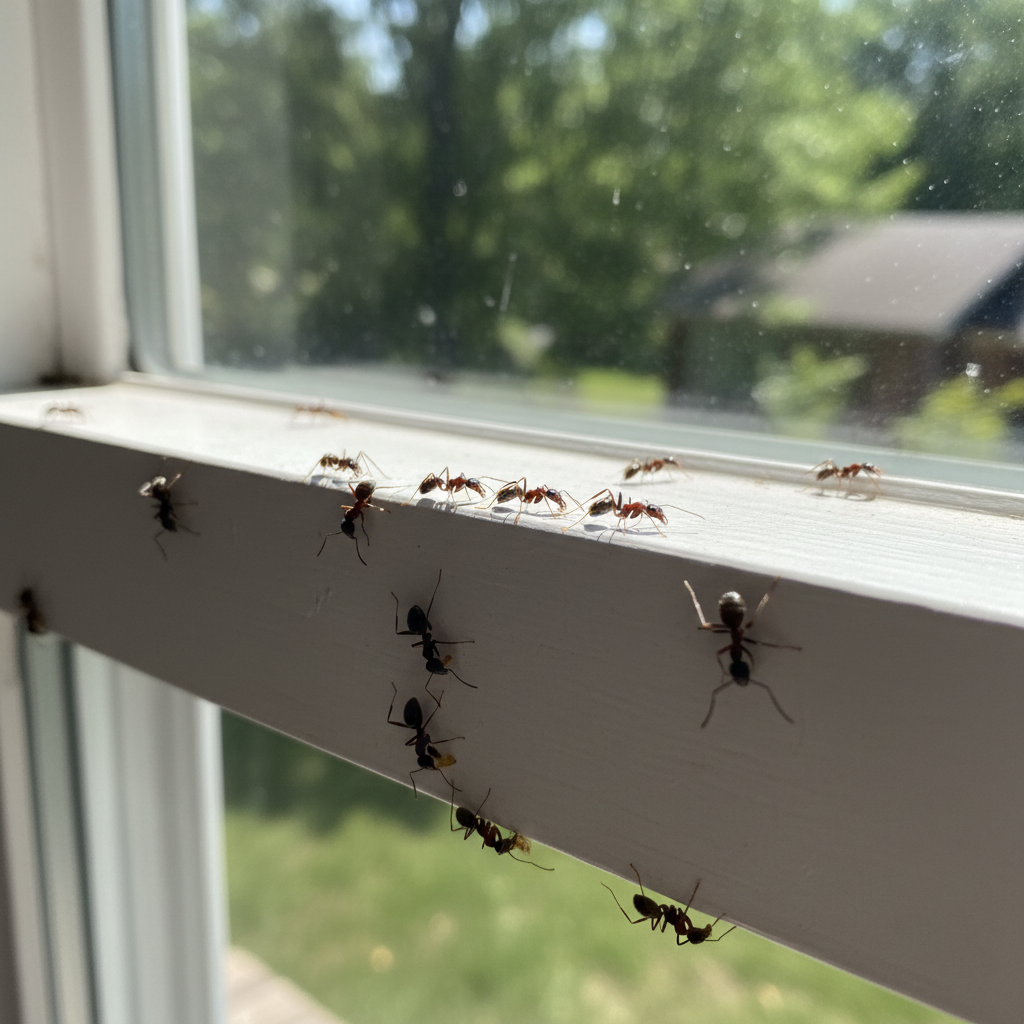 Ants trailing on window