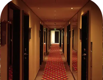 Clean, empty hotel hallway